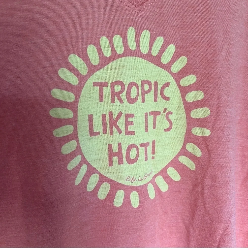 Life is Good cool tee v neck “tropic like it’s hot” sun coral and yellow tee L